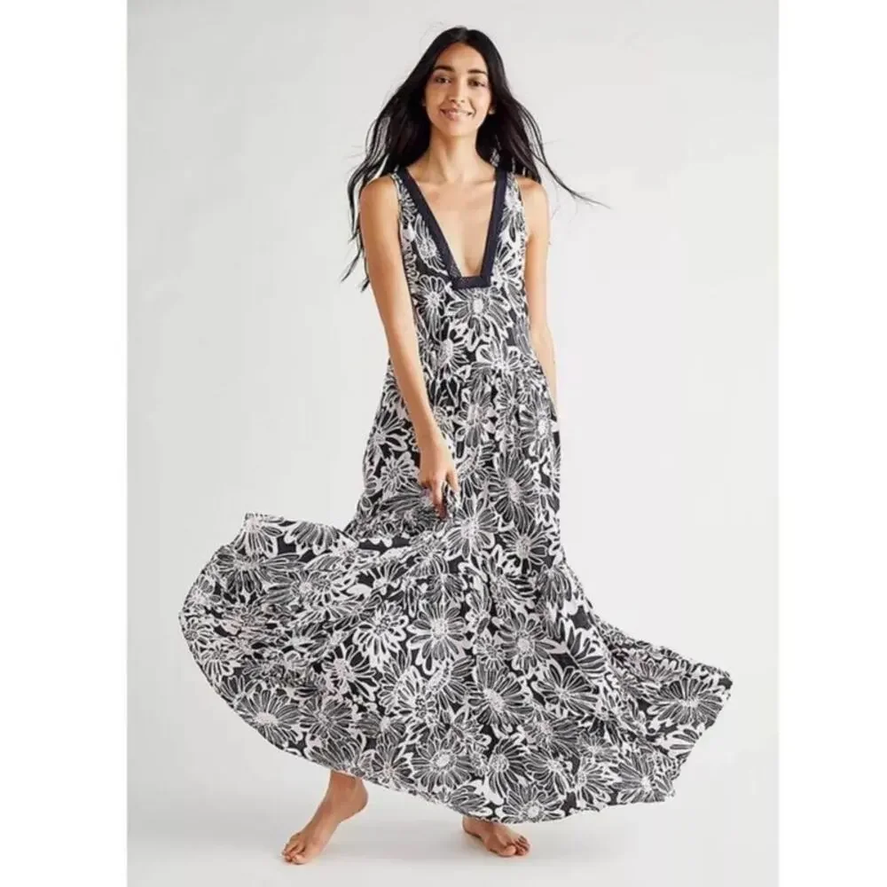 Free People Tiers For You Tiered Lace Sleeveless Floral Maxi Slip Dress Size XS